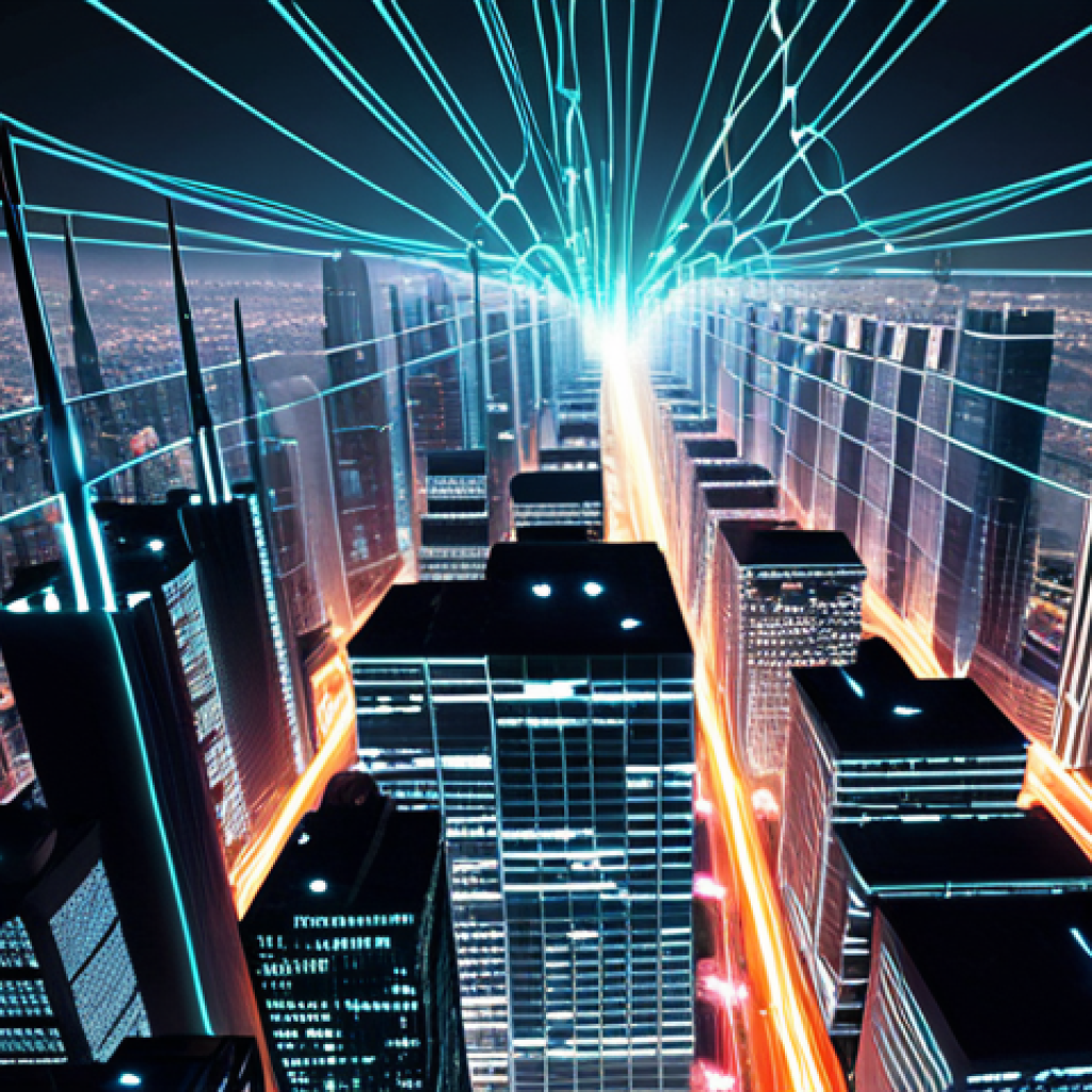 **Image Prompt:** A futuristic cityscape with glowing fiber optic cables crisscrossing between skyscrapers, representing quantum communication networks. Overlay the image with a subtle, abstract representation of entangled particles – perhaps shimmering, interconnected orbs. The overall mood should be high-tech and secure, suggesting unbreakable data transmission.
