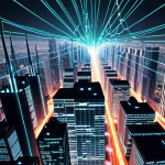 **Image Prompt:** A futuristic cityscape with glowing fiber optic cables crisscrossing between skyscrapers, representing quantum communication networks. Overlay the image with a subtle, abstract representation of entangled particles – perhaps shimmering, interconnected orbs. The overall mood should be high-tech and secure, suggesting unbreakable data transmission.