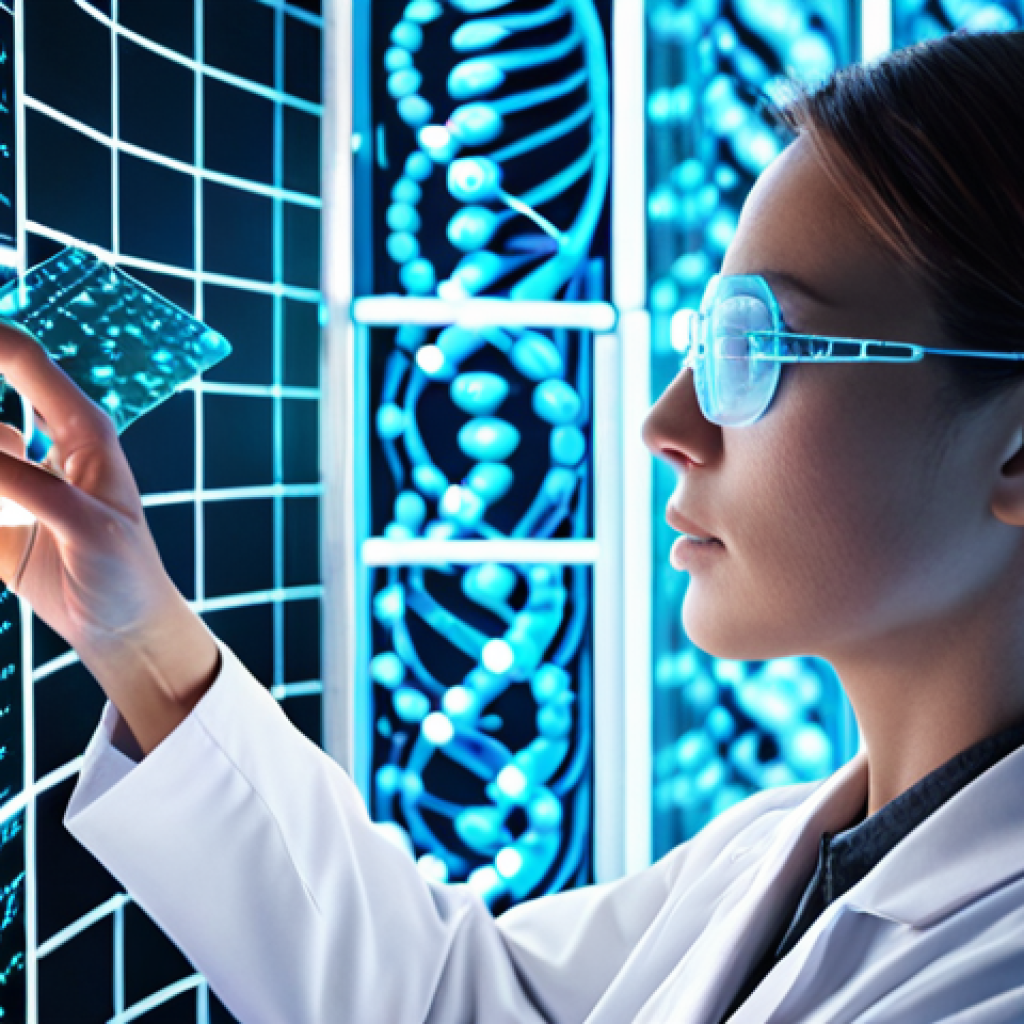 **A futuristic laboratory scene depicting a scientist using a holographic interface to analyze a DNA sequence, with quantum computing visualizations overlaid. Glowing lines connect genetic data points, showcasing the convergence of quantum technology and gene analysis. Emphasize clean, high-tech aesthetics with a focus on data visualization.**