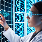 **A futuristic laboratory scene depicting a scientist using a holographic interface to analyze a DNA sequence, with quantum computing visualizations overlaid. Glowing lines connect genetic data points, showcasing the convergence of quantum technology and gene analysis. Emphasize clean, high-tech aesthetics with a focus on data visualization.**
