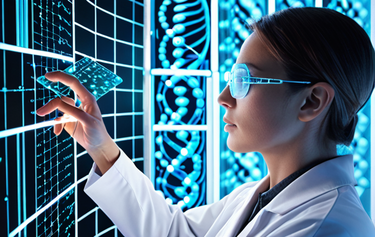 **A futuristic laboratory scene depicting a scientist using a holographic interface to analyze a DNA sequence, with quantum computing visualizations overlaid. Glowing lines connect genetic data points, showcasing the convergence of quantum technology and gene analysis. Emphasize clean, high-tech aesthetics with a focus on data visualization.**