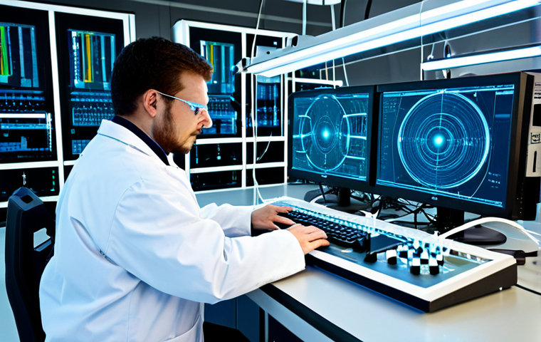 Quantum Key Distribution (QKD) in Action**

"A futuristic laboratory setting, showcasing a QKD system in operation. Scientists in lab coats are monitoring the equipment. Fiber optic cables glow with light, illustrating the transmission of quantum keys. Secure communication network. Emphasize the technology and security aspect. Fully clothed, appropriate attire, safe for work, perfect anatomy, correct proportions, natural pose, professional, high quality."

**