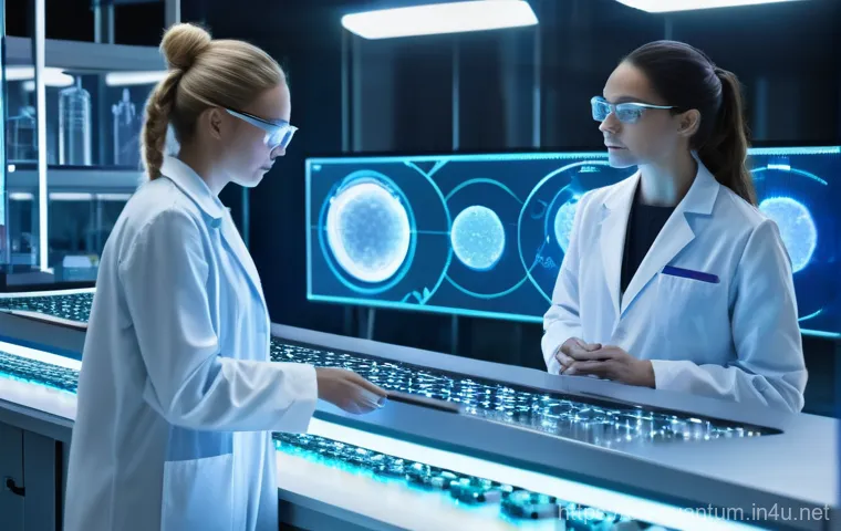 양자컴퓨터 산업의 미래 - **Prompt:** A highly detailed, photorealistic image of a futuristic pharmaceutical research laborato...