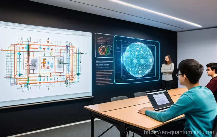 양자컴퓨터 프로그래밍 언어 - **Prompt:** A diverse team of three scientists and a financial analyst, all professionally dressed i...