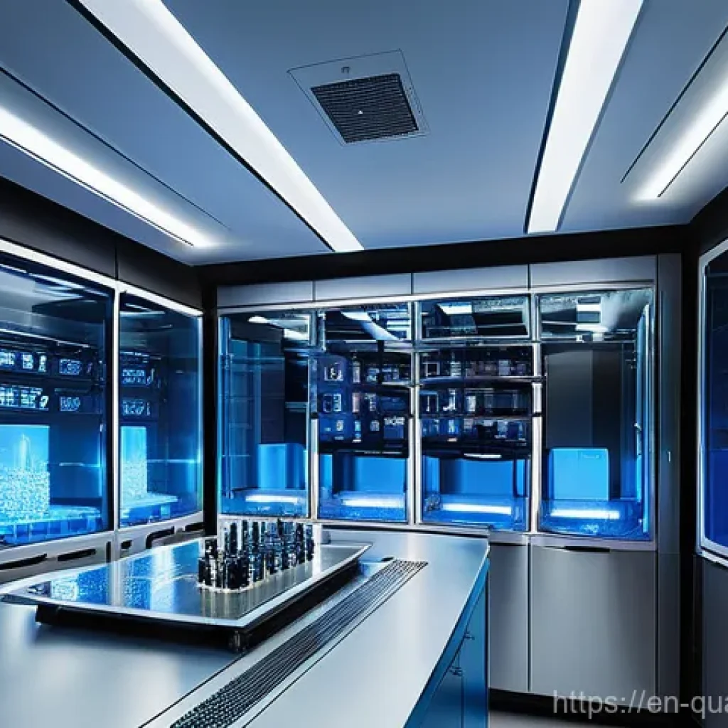 양자통신의 환경적 영향 - **Quantum Lab: Energy's Core.**
A highly detailed, futuristic quantum research laboratory with a...