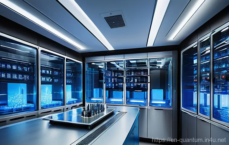 양자통신의 환경적 영향 - **Quantum Lab: Energy's Core.**
A highly detailed, futuristic quantum research laboratory with a...