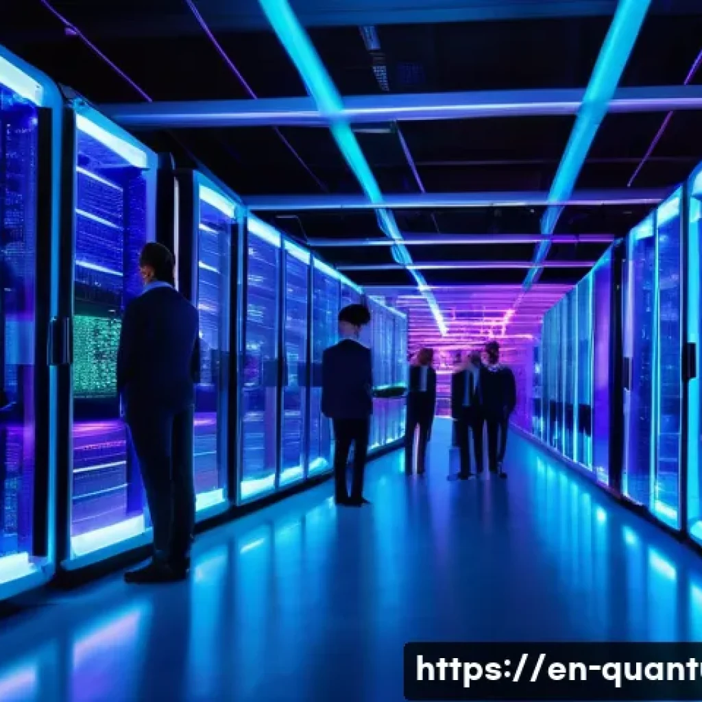 양자컴퓨팅의 최적화 문제 해결 - A futuristic data center filled with glowing quantum computers and classical servers interconnected ...