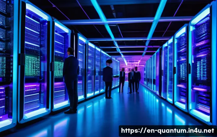 양자컴퓨팅의 최적화 문제 해결 - A futuristic data center filled with glowing quantum computers and classical servers interconnected ...