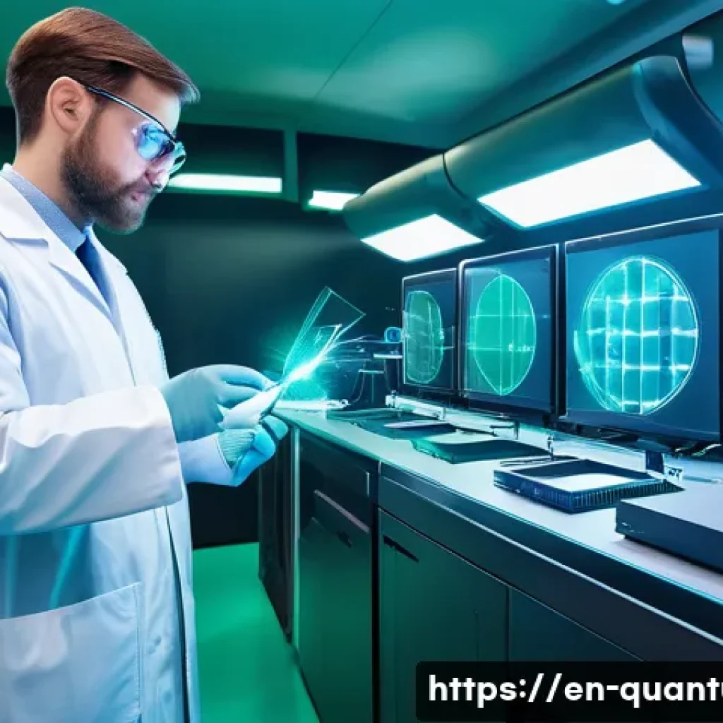 양자센서의 혁신적 기술 - A futuristic laboratory scene showcasing a quantum sensor setup for biomagnetic imaging: a sleek qua...