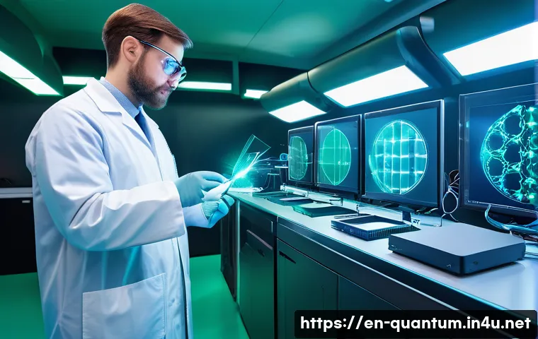 양자센서의 혁신적 기술 - A futuristic laboratory scene showcasing a quantum sensor setup for biomagnetic imaging: a sleek qua...