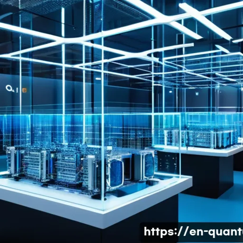 양자컴퓨터의 시장화 - A futuristic quantum computing laboratory interior showcasing a large superconducting qubit processo...