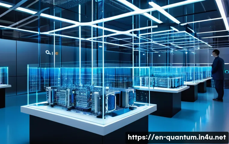 양자컴퓨터의 시장화 - A futuristic quantum computing laboratory interior showcasing a large superconducting qubit processo...