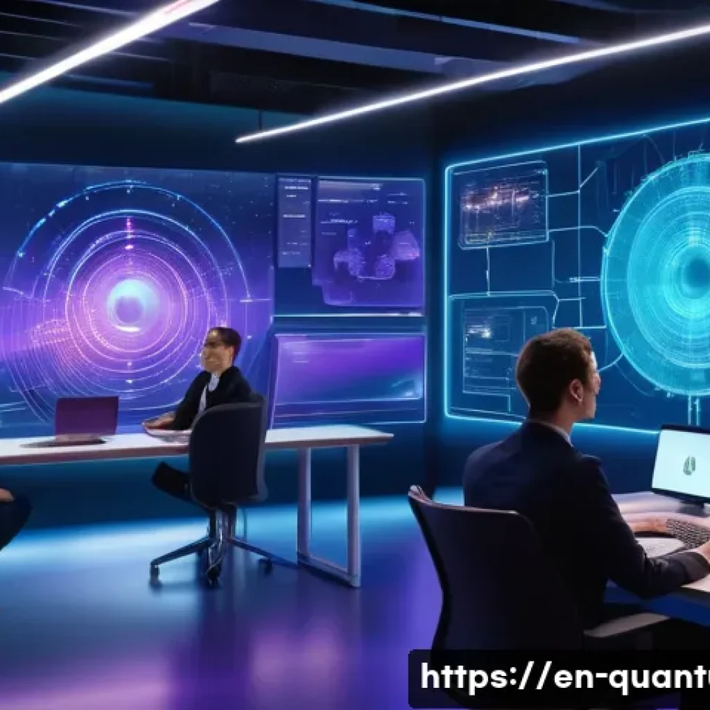 양자컴퓨터 클라우드 서비스 - A futuristic quantum computing laboratory scene showing diverse professionals—men and women in busin...