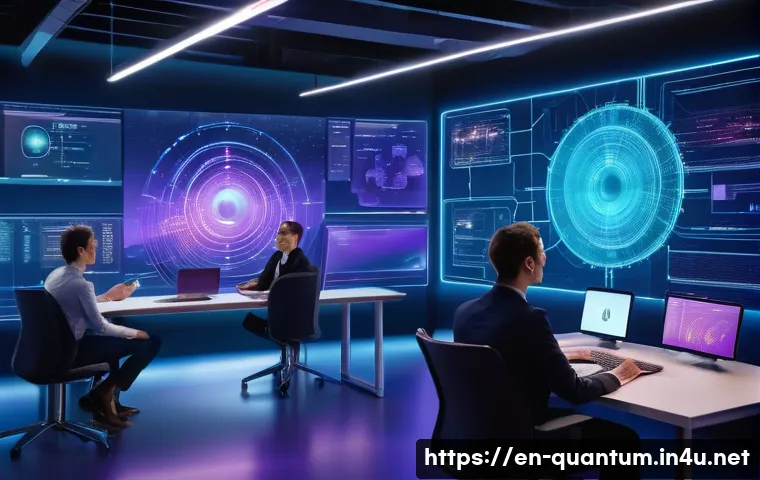 양자컴퓨터 클라우드 서비스 - A futuristic quantum computing laboratory scene showing diverse professionals—men and women in busin...