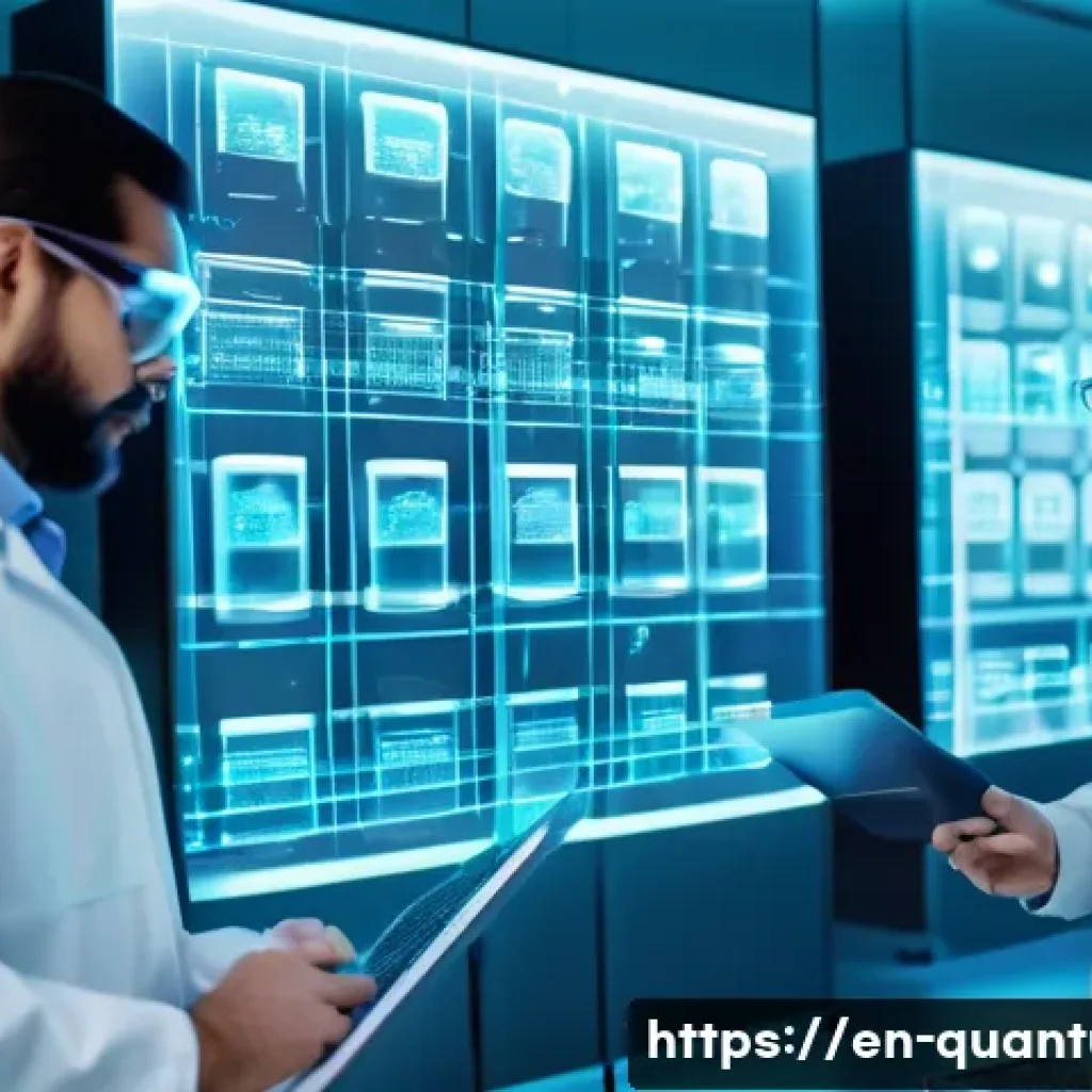 양자컴퓨터의 경제적 가치 - A futuristic pharmaceutical laboratory scene featuring diverse scientists in professional attire wea...