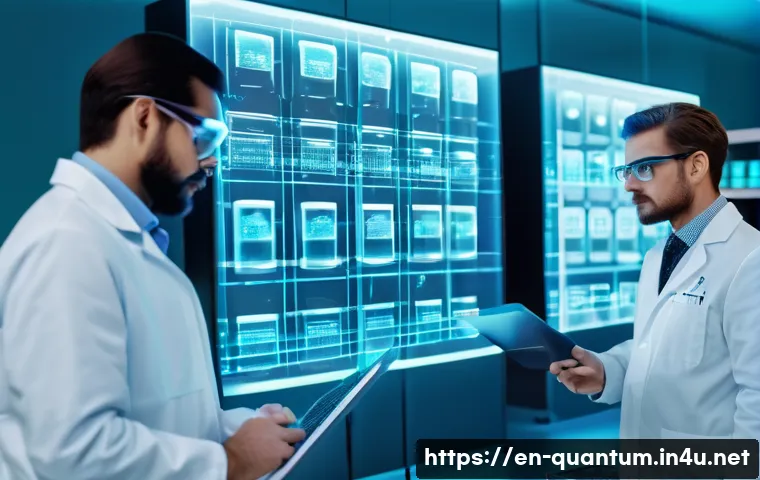 양자컴퓨터의 경제적 가치 - A futuristic pharmaceutical laboratory scene featuring diverse scientists in professional attire wea...