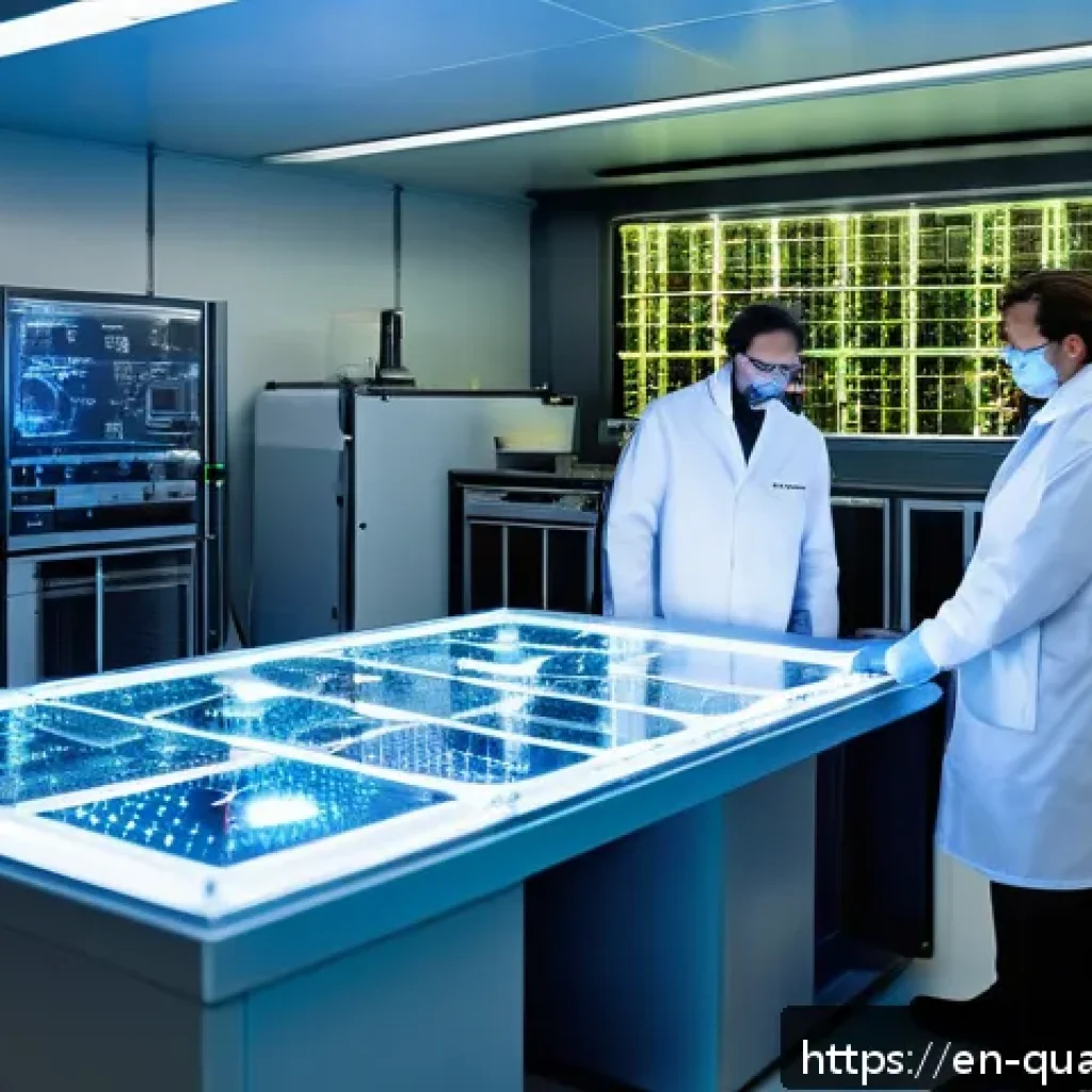 양자컴퓨터의 상용화 전망 - A high-tech quantum computing laboratory scene featuring a large superconducting quantum processor w...