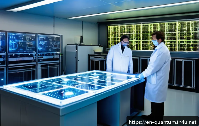 양자컴퓨터의 상용화 전망 - A high-tech quantum computing laboratory scene featuring a large superconducting quantum processor w...