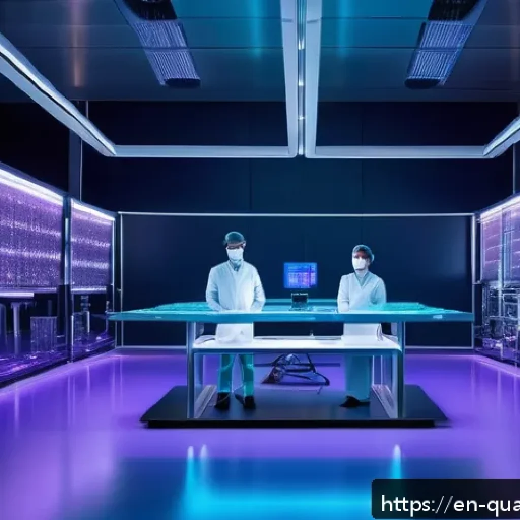 양자광학 기술의 발전 - A futuristic laboratory scene showcasing a sleek quantum photonic chip illuminated by soft blue and ...