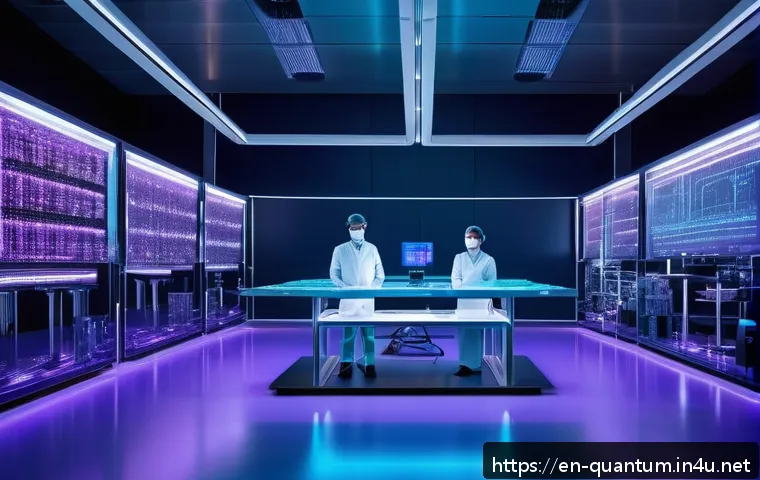 양자광학 기술의 발전 - A futuristic laboratory scene showcasing a sleek quantum photonic chip illuminated by soft blue and ...