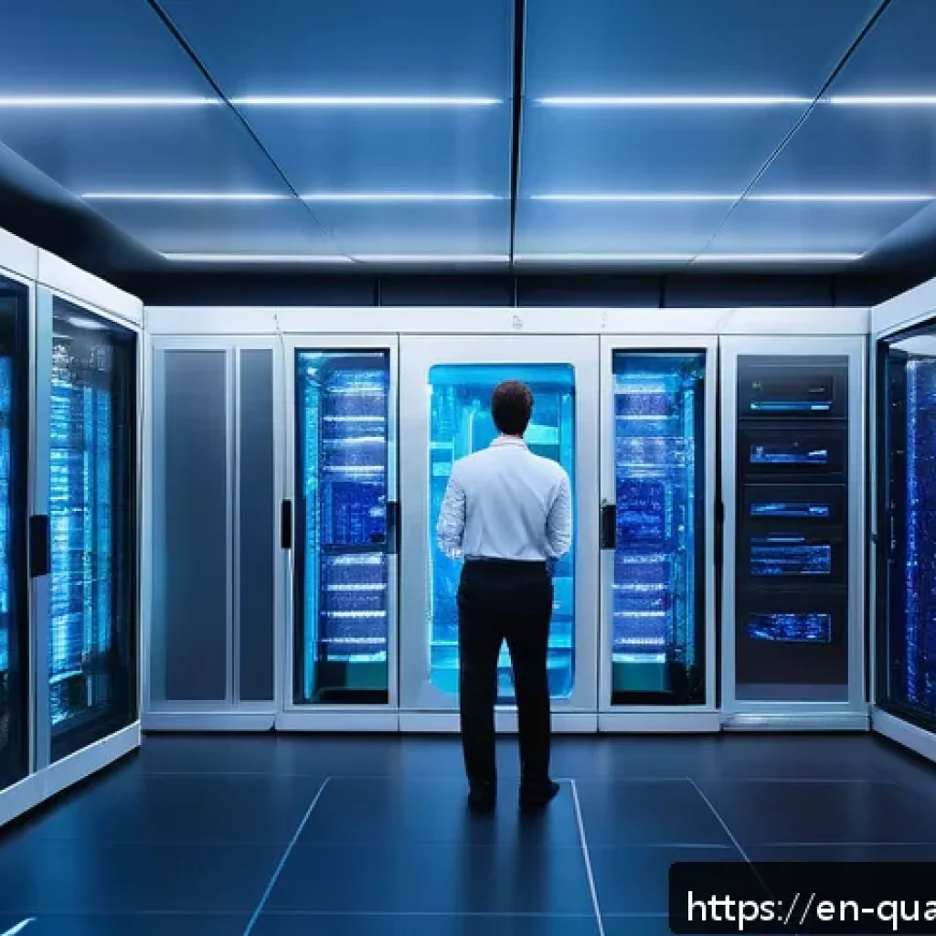 양자암호화의 응용 사례 - A futuristic telecom data center interior, showcasing advanced quantum key distribution hardware wit...