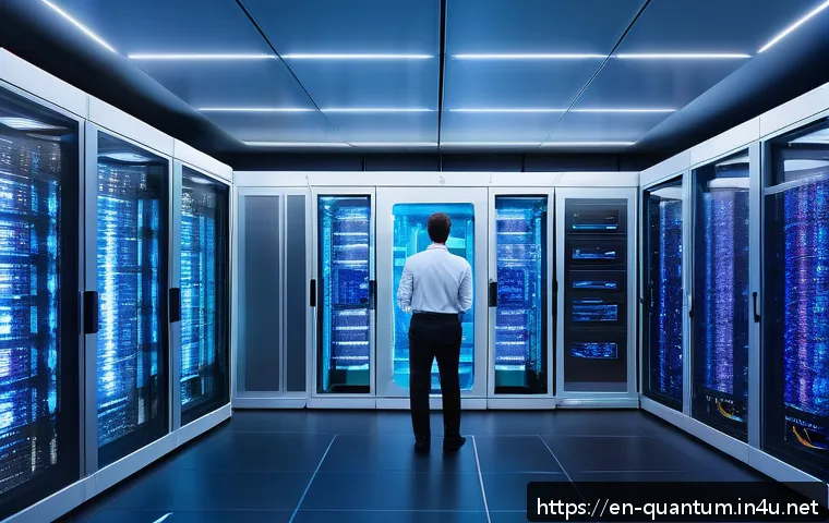 양자암호화의 응용 사례 - A futuristic telecom data center interior, showcasing advanced quantum key distribution hardware wit...