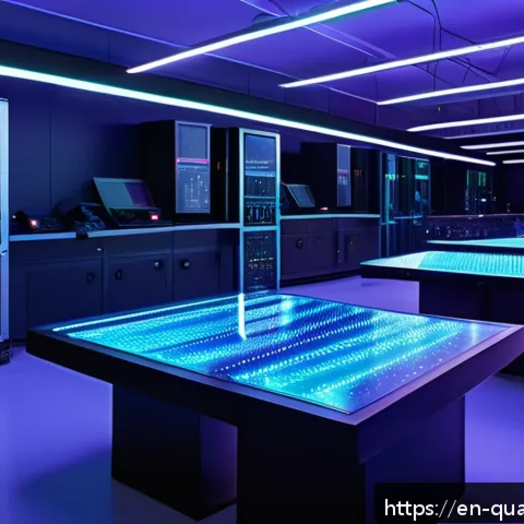 양자광학과 전자기학 - A highly detailed scientific laboratory scene showing a futuristic quantum optics experiment: a slee...