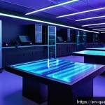양자광학과 전자기학 - A highly detailed scientific laboratory scene showing a futuristic quantum optics experiment: a slee...