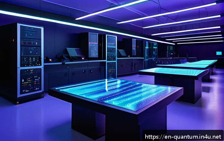 양자광학과 전자기학 - A highly detailed scientific laboratory scene showing a futuristic quantum optics experiment: a slee...