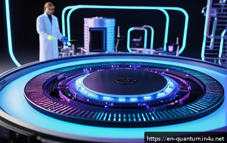 양자컴퓨터의 발전 가능성 - A futuristic quantum computing laboratory scene featuring a sleek superconducting quantum processor ...