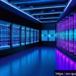 양자컴퓨터와 인공지능의 융합 - A futuristic quantum computing lab with glowing qubit processors displaying superposition states, en...