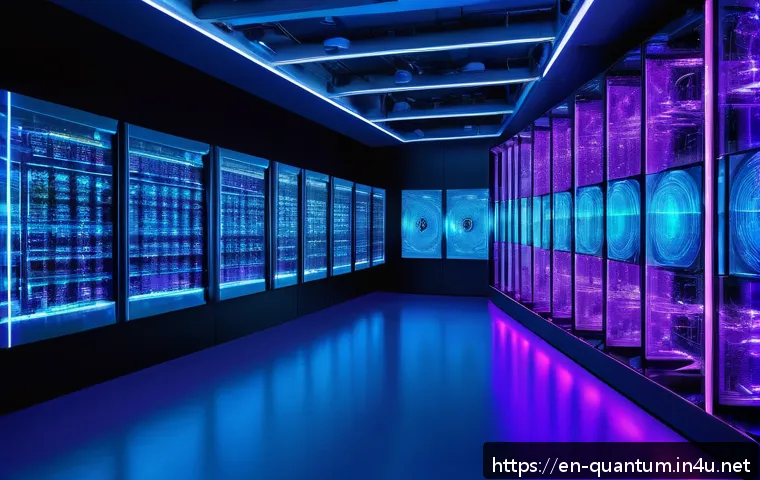 양자컴퓨터와 인공지능의 융합 - A futuristic quantum computing lab with glowing qubit processors displaying superposition states, en...
