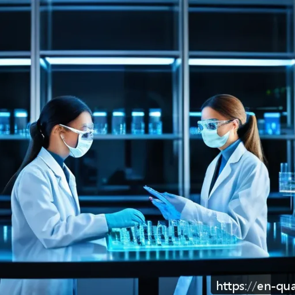 양자컴퓨터의 상업화 전망 - A futuristic pharmaceutical research laboratory with diverse scientists in professional attire analy...