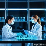 양자컴퓨터의 상업화 전망 - A futuristic pharmaceutical research laboratory with diverse scientists in professional attire analy...