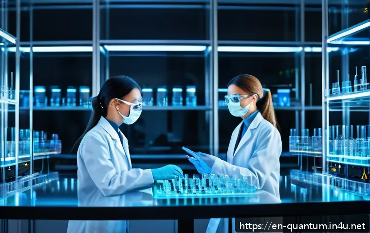 양자컴퓨터의 상업화 전망 - A futuristic pharmaceutical research laboratory with diverse scientists in professional attire analy...