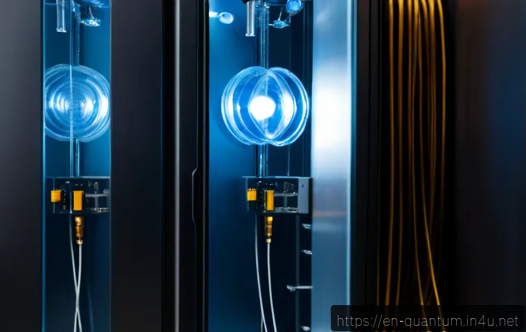 양자컴퓨터의 원리와 기초 - Photorealistic close-up of a modern quantum computing laboratory, a cryogenic dilution refrigerator ...