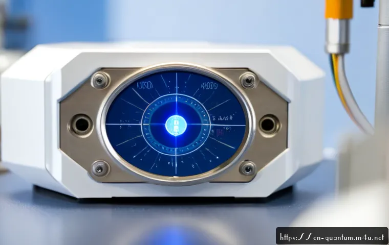 양자센서의 측정 정확도 - Photorealistic close-up of a precision quantum sensing laboratory, a compact cryogenic sensor module...